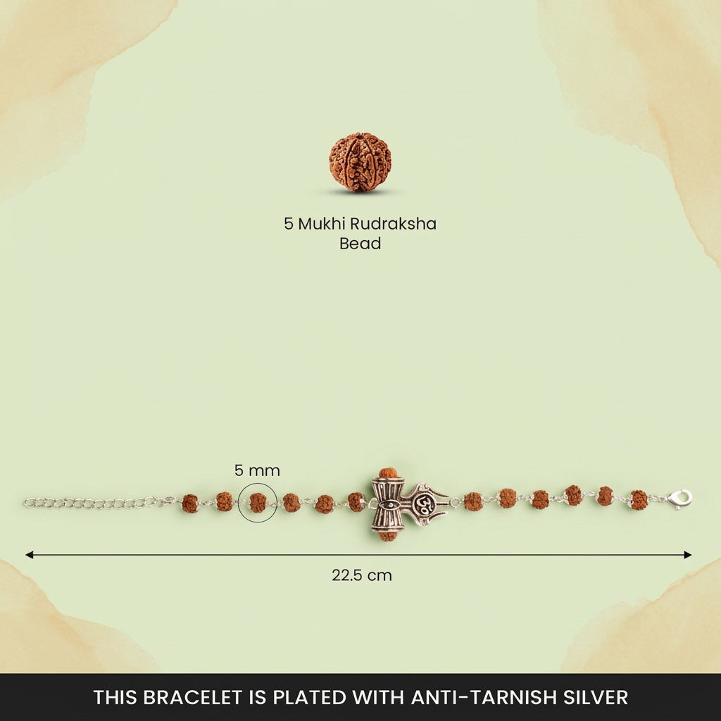 VASTUKOSHA Om Trinetra Trishul Damru Rudraksha bracelet with 5 Mukhi beads and anti-tarnish silver plated charms.
