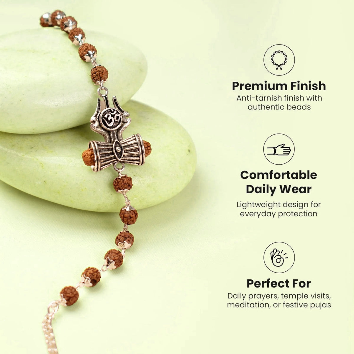 VASTUKOSHA Rishikesh Siddh bracelet featuring Rudraksha beads, silver Om, Trishul, and Damru charms for daily protection.