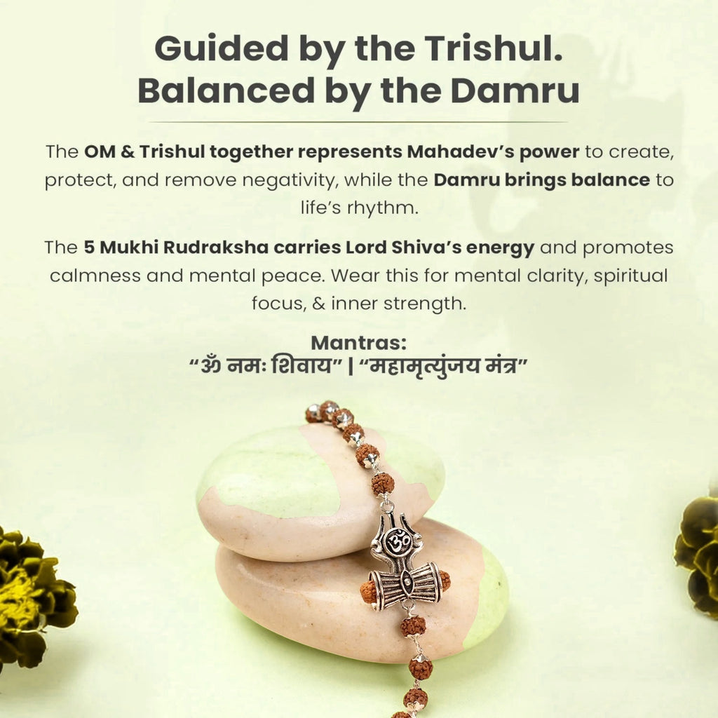 VASTUKOSHA Rudraksha bracelet featuring a silver Om, Trishul, and Damru charm resting on smooth stones.