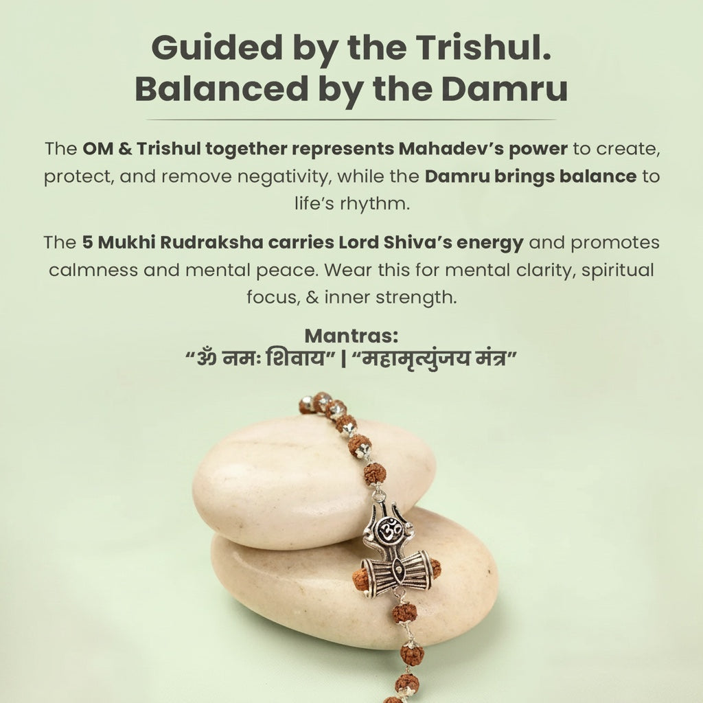 VASTUKOSHA Om Trinetra Trishul Damru Rudraksha bracelet featuring 5 Mukhi beads resting on smooth stones.