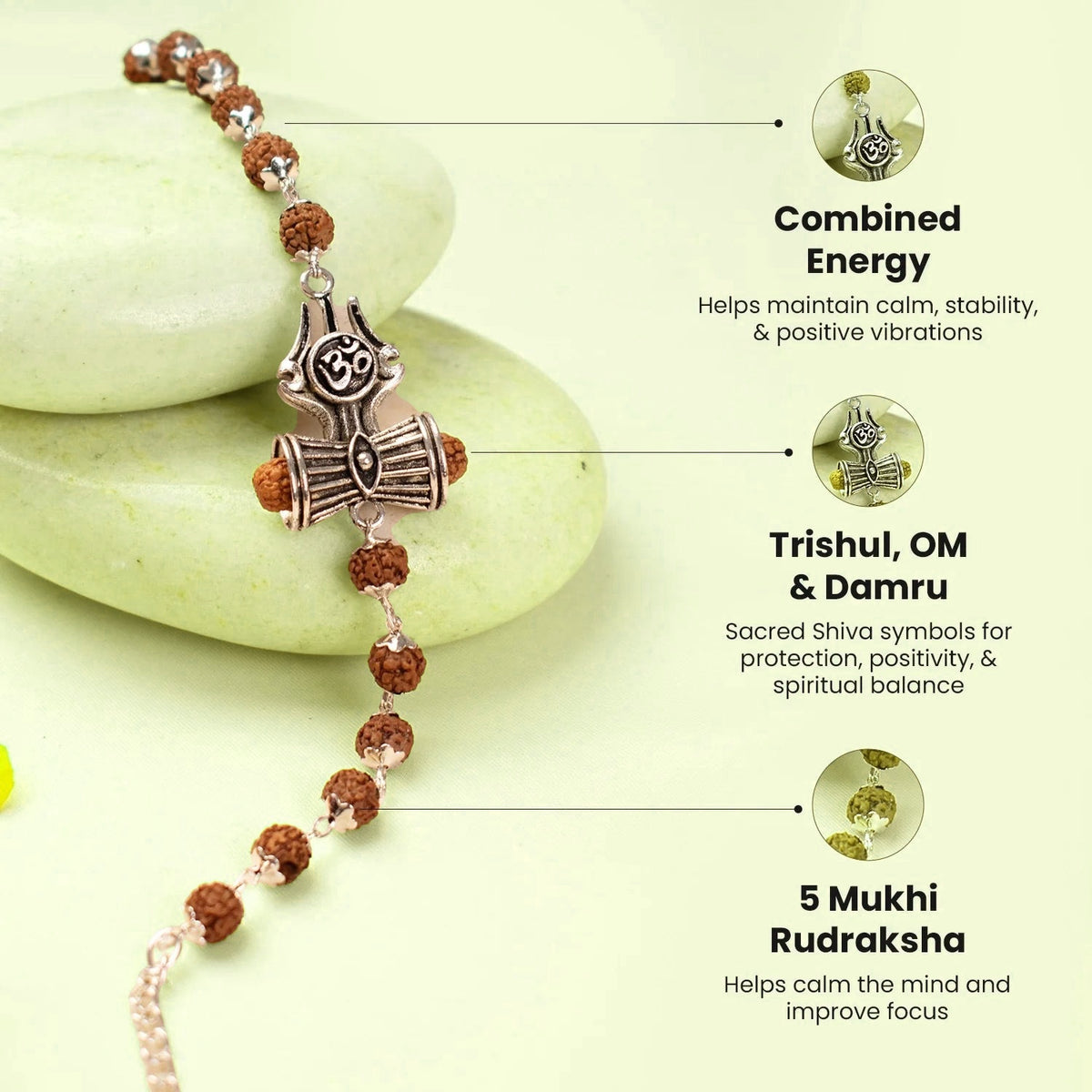 VASTUKOSHA Rudraksha bracelet featuring silver Om, Trishul, and Damru charms for spiritual protection and balance.