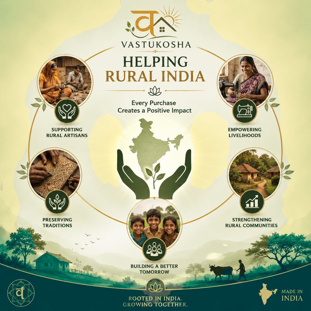 VASTUKOSHA infographic showing rural India development initiatives including artisan support and community empowerment.