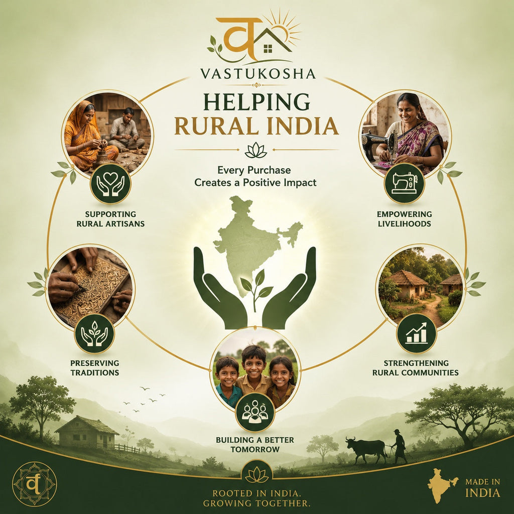 VASTUKOSHA infographic showing rural Indian artisans and community support initiatives for positive social impact.