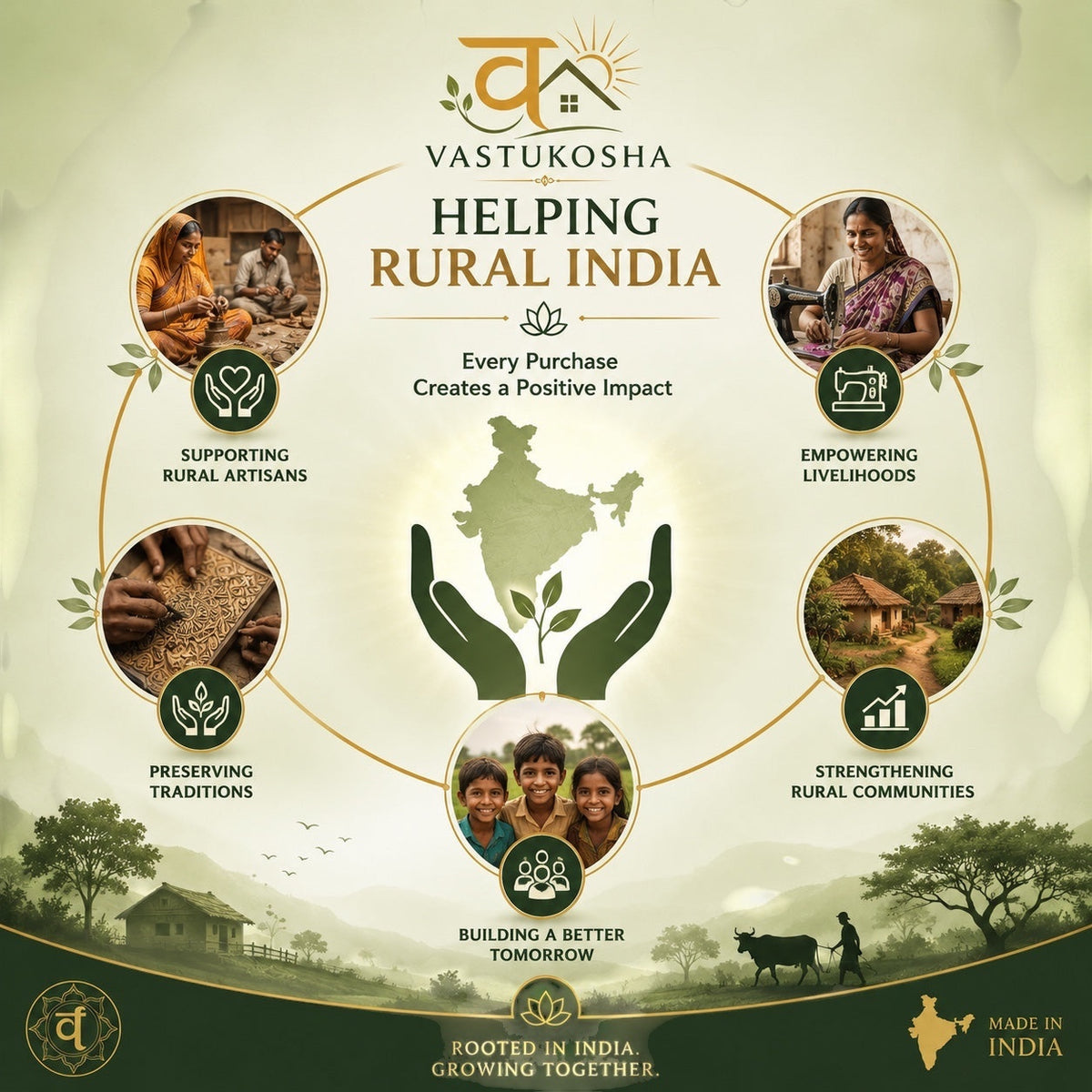 VASTUKOSHA social impact graphic showing rural artisans, community support, and the mission of helping rural India.
