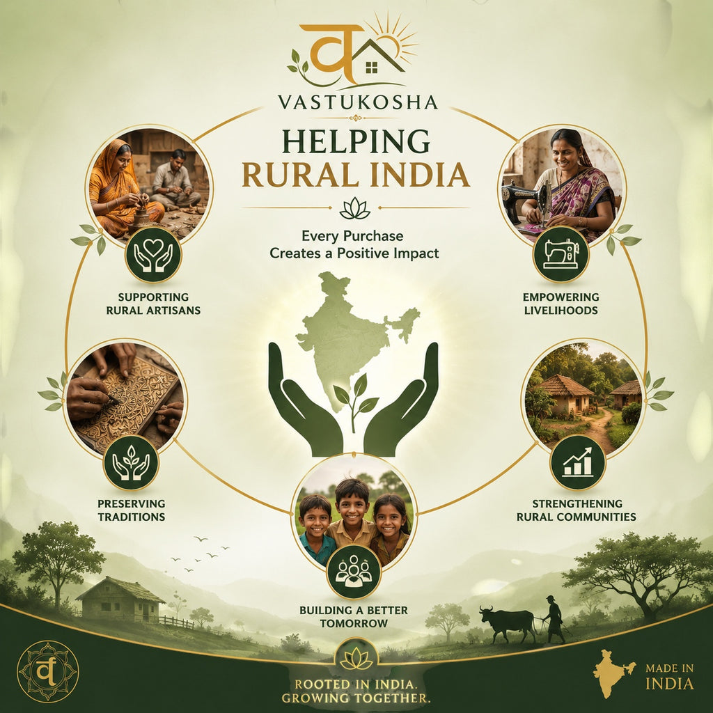 VASTUKOSHA infographic showing rural India support initiatives including artisan crafts, livelihoods, and community.