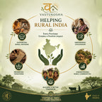 VASTUKOSHA infographic showing rural India support initiatives including artisan crafts, livelihoods, and community.