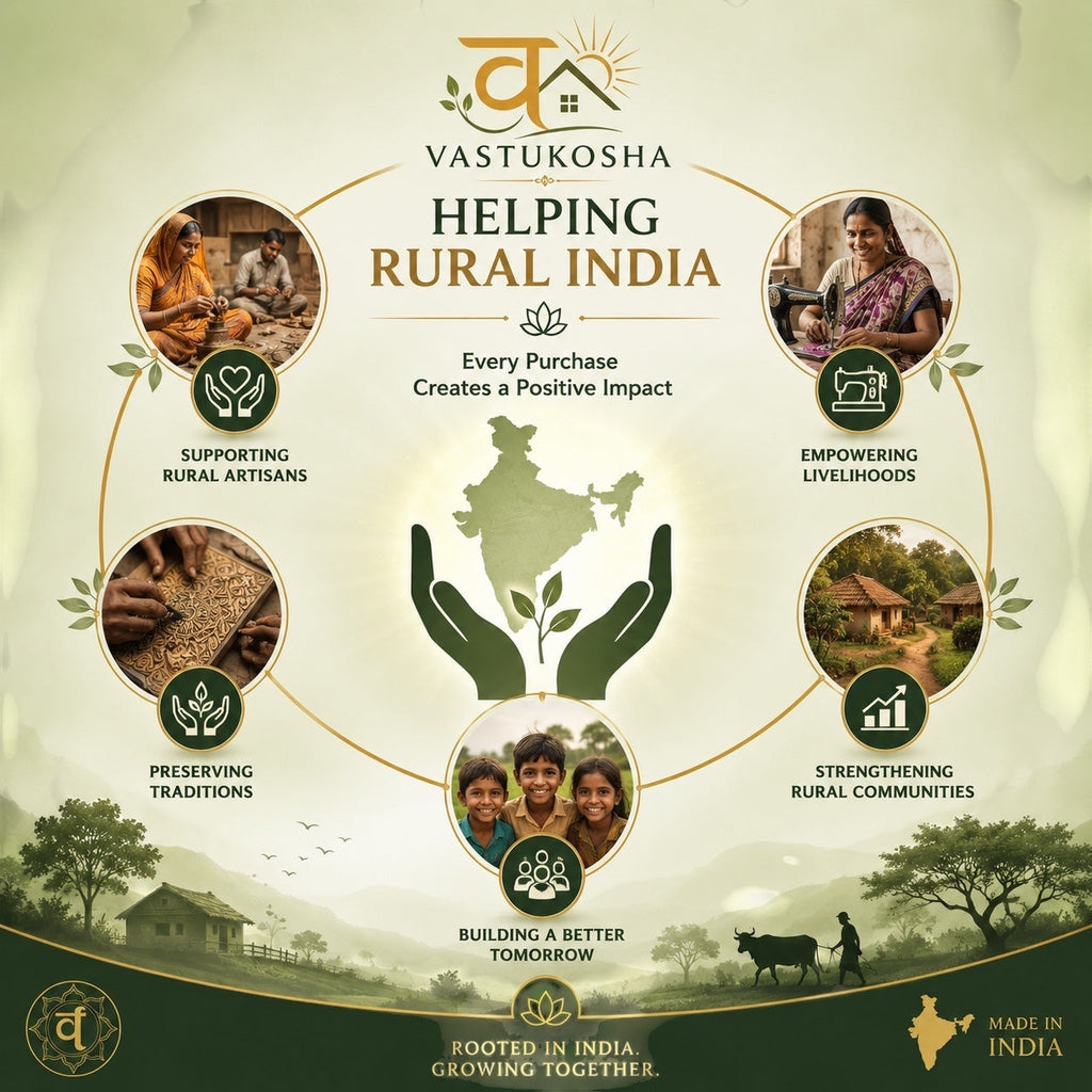 VASTUKOSHA infographic showcasing rural India support initiatives, artisan crafts, and community empowerment programs.