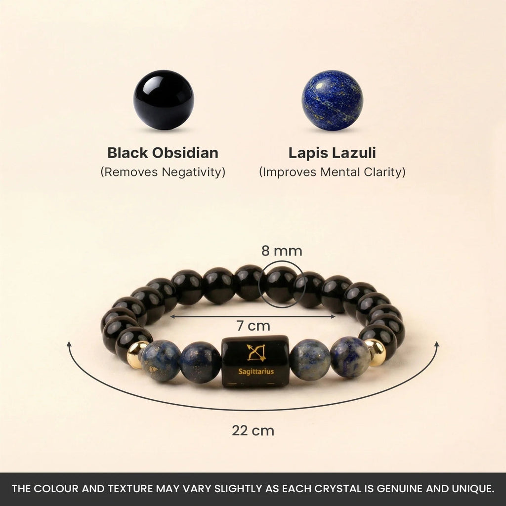 VASTUKOSHA Sagittarius zodiac bracelet featuring black obsidian and lapis lazuli beads with a central engraved charm.