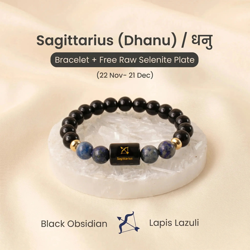 VASTUKOSHA Sagittarius zodiac bracelet featuring black obsidian and lapis lazuli beads on a raw selenite cleansing plate