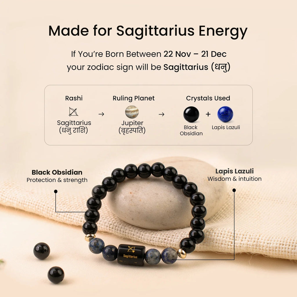 VASTUKOSHA Sagittarius zodiac bracelet featuring black obsidian and lapis lazuli beads with a central engraved charm.