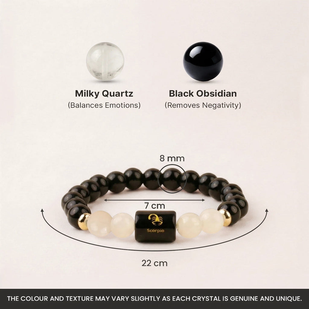VASTUKOSHA Scorpio zodiac bracelet featuring black obsidian and milky quartz beads with a central Scorpio charm.