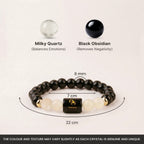 VASTUKOSHA Scorpio zodiac bracelet featuring black obsidian and milky quartz beads with a central Scorpio charm.