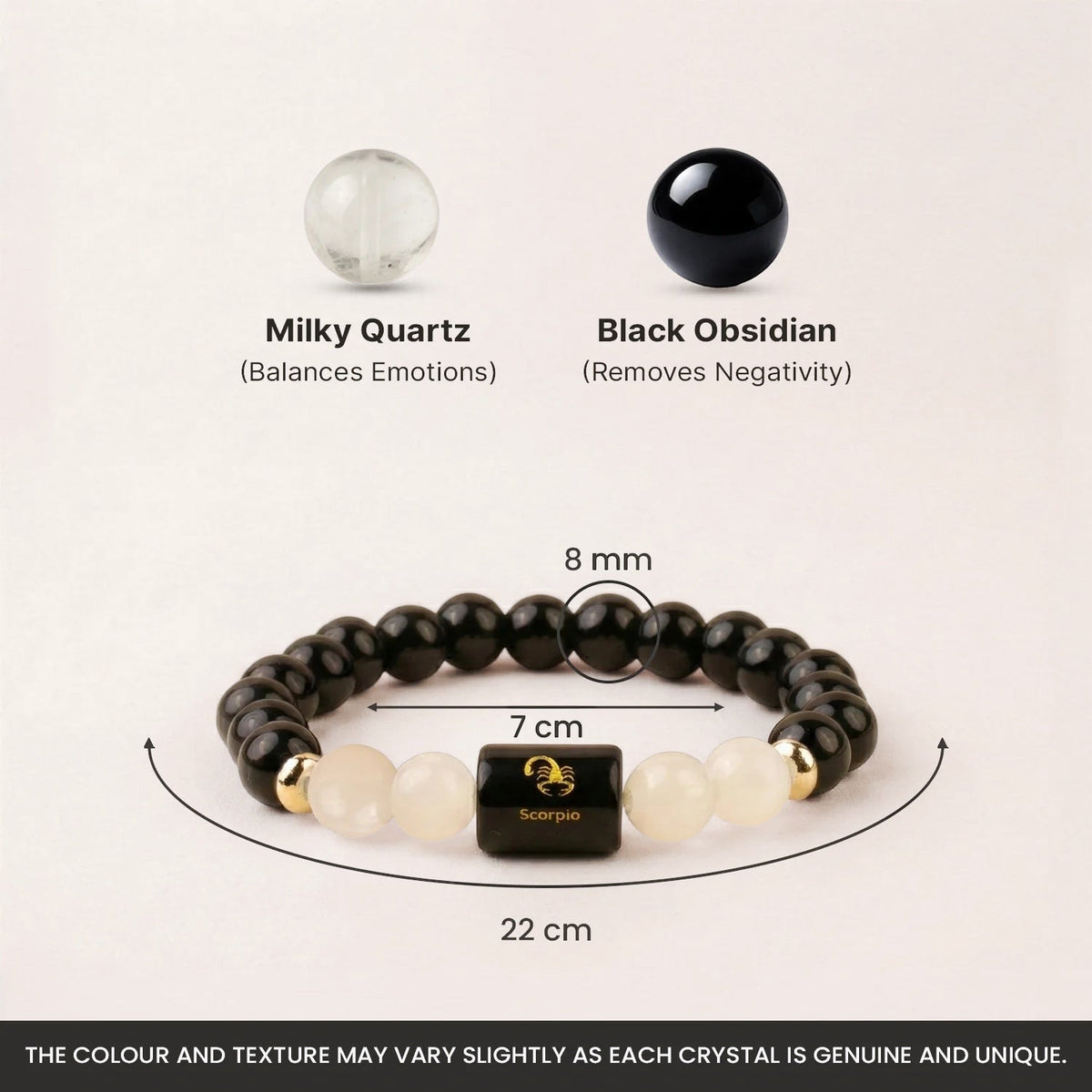 VASTUKOSHA Scorpio zodiac bracelet featuring black obsidian and milky quartz beads with a central Scorpio charm.