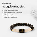 VASTUKOSHA Scorpio zodiac bracelet featuring black obsidian and milky quartz beads with a central Scorpio charm.