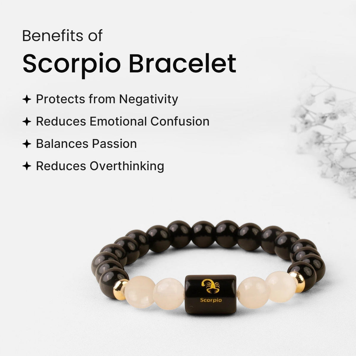 VASTUKOSHA Scorpio zodiac bracelet featuring black obsidian and milky quartz beads with a central Scorpio charm.