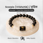 VASTUKOSHA Scorpio zodiac bracelet featuring black obsidian and milky quartz beads on a raw selenite charging plate.