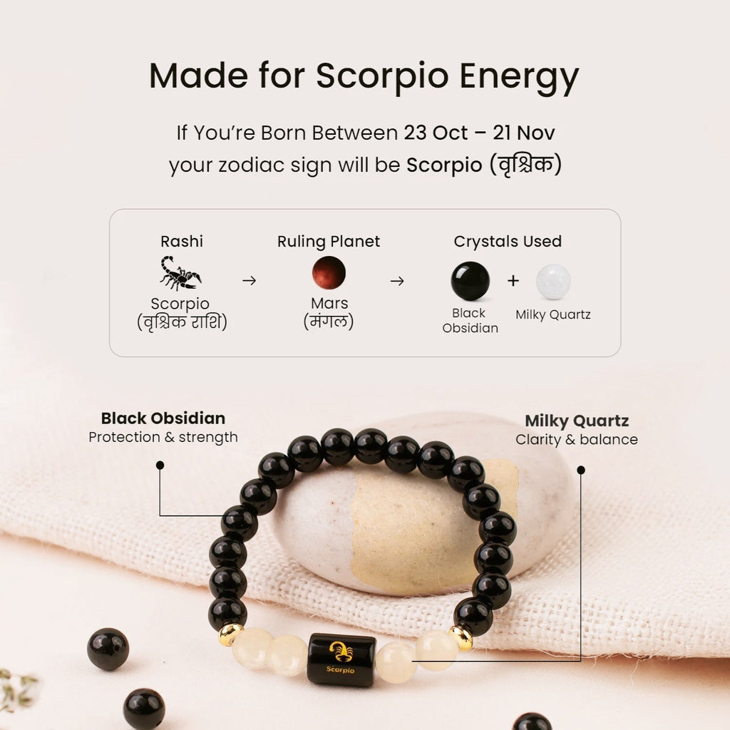VASTUKOSHA Scorpio zodiac bracelet featuring black obsidian and milky quartz beads with a central Scorpio symbol charm.