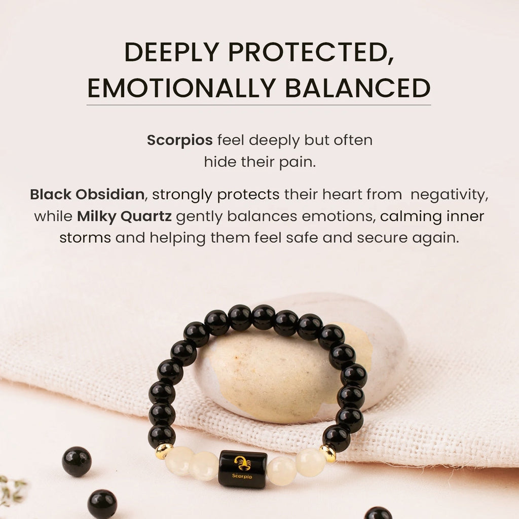 VASTUKOSHA Scorpio zodiac bracelet featuring black obsidian and milky quartz beads with a central Scorpio charm