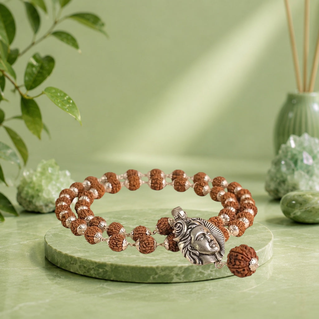 VASTUKOSHA Rishikesh Siddh Shiv Rudraksha Mala with silver Adiyogi pendant on a cloth with flower petals