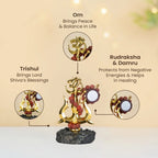 VASTUKOSHA Shiva Shakti Trishul murti featuring a golden Om, Damru, and Rudraksha beads on a textured black base.