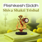 VASTUKOSHA Siddh Shiva Shakti Trishul with Om symbol and damru, featuring rudraksha beads on a black base.