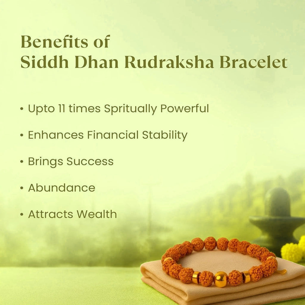 VASTUKOSHA Siddh Dhan Rudraksha bracelet with gold beads resting on a cloth, featuring spiritual benefit text overlay.