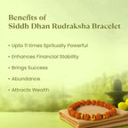 VASTUKOSHA Siddh Dhan Rudraksha bracelet with gold beads resting on a cloth, featuring spiritual benefit text overlay.