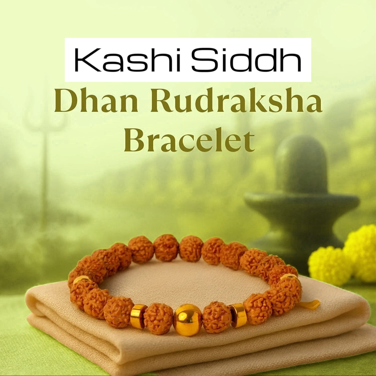 VASTUKOSHA Siddh Dhan Rudraksha bracelet with gold-toned beads on a cloth, set against a spiritual temple background.