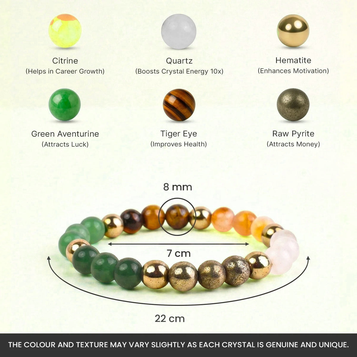 VASTUKOSHA Rishikesh Siddh Dhan Yog crystal bracelet featuring green aventurine, tiger eye, pyrite, and citrine beads.