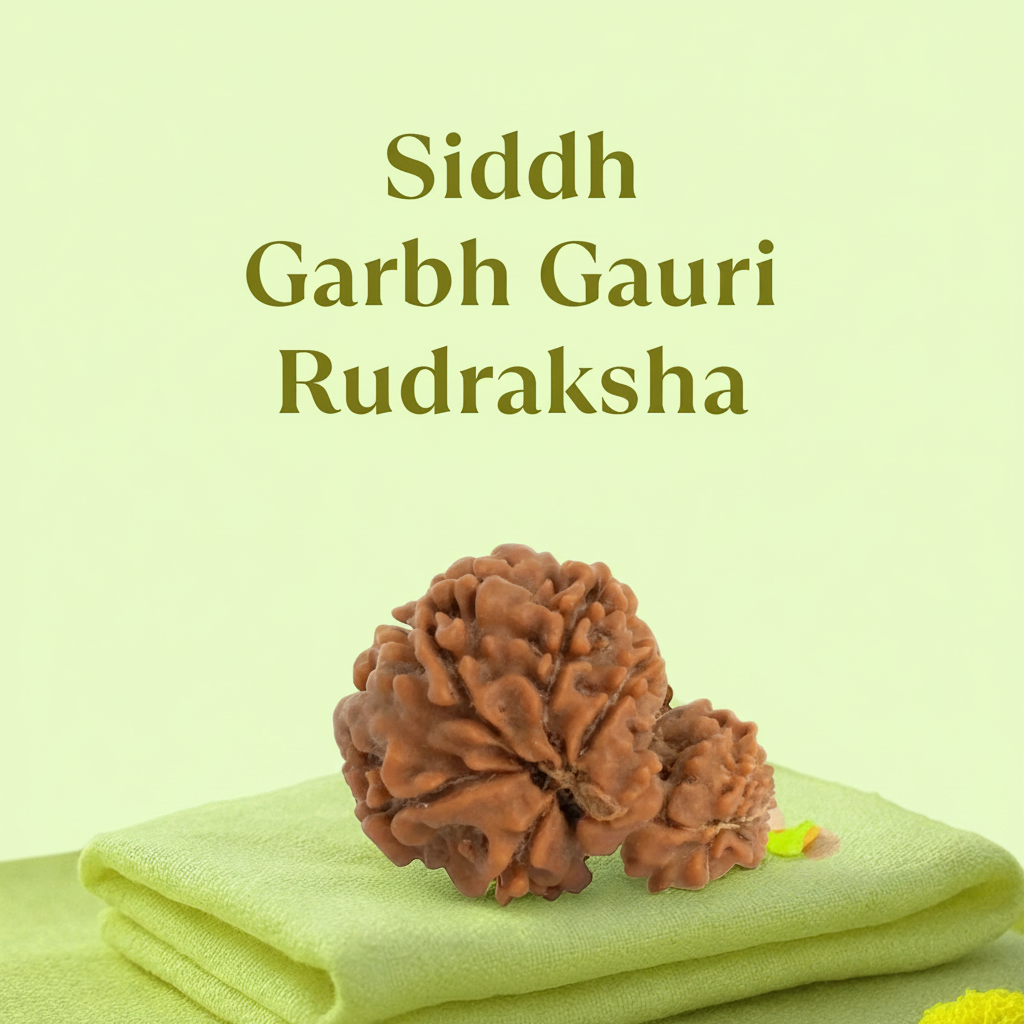 VASTUKOSHA Siddh Nepal Origin Garbh Gauri Rudraksha bead with natural textured surface on a soft green cloth.