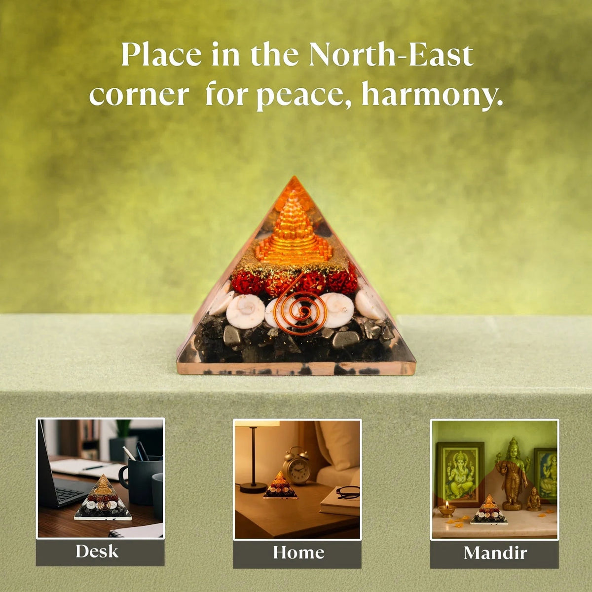 VASTUKOSHA Rishikesh Siddh Lakshmi Yantra Pyramid for wealth and prosperity, featuring sacred symbols and crystals.
