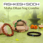 VASTUKOSHA Siddh Maha Dhan Yog combo featuring a 5 Mukhi Rudraksha bracelet, a Dhan Yog crystal bracelet, and an obsidian evil eye bracelet.