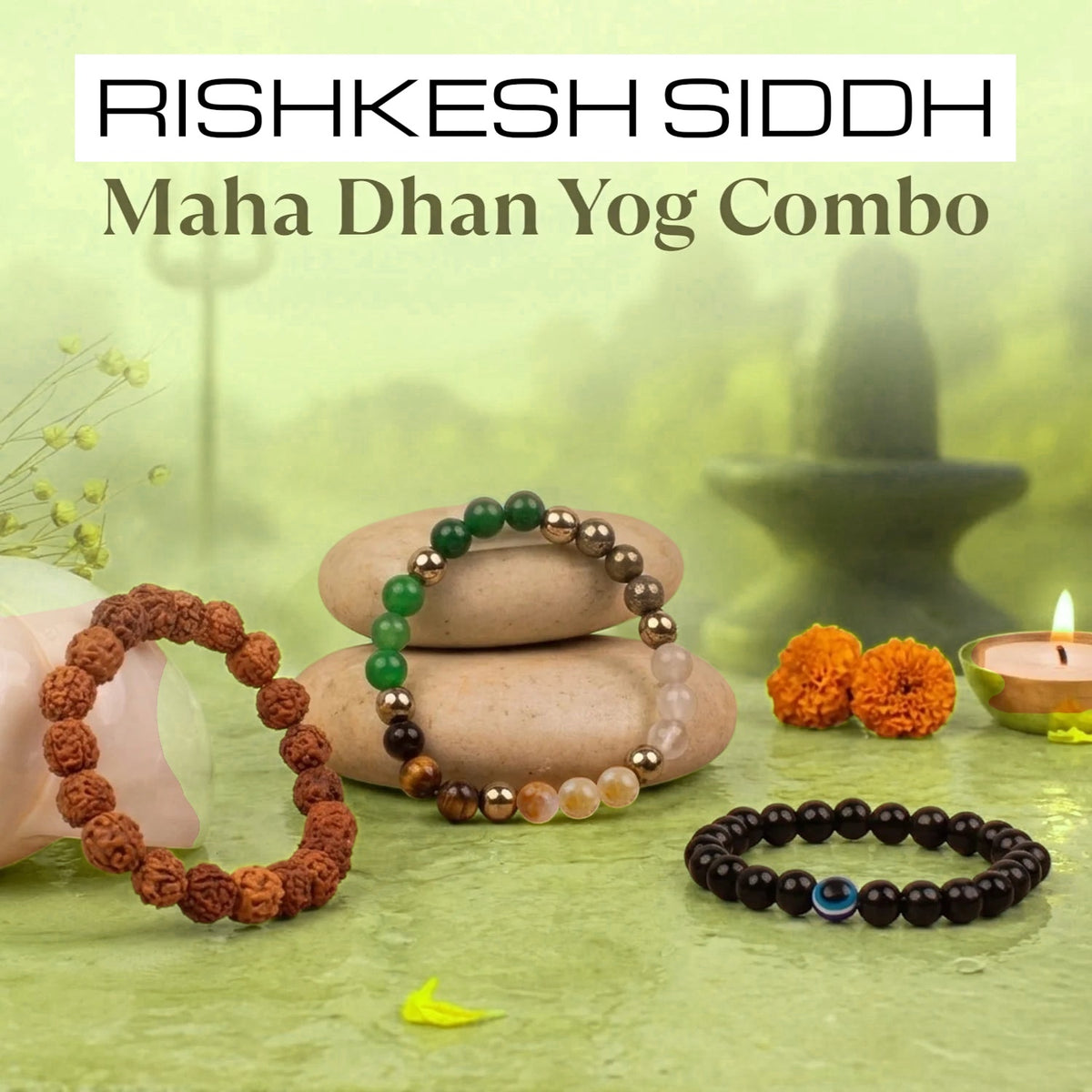 VASTUKOSHA Siddh Maha Dhan Yog combo featuring a 5 Mukhi Rudraksha bracelet, a Dhan Yog crystal bracelet, and an obsidian evil eye bracelet.