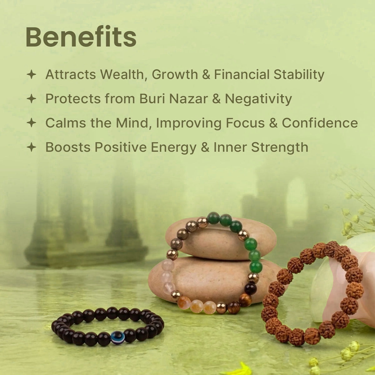VASTUKOSHA Siddh Maha Dhan Yog combo featuring a black obsidian evil eye, multi-stone wealth, and Rudraksha bracelets.