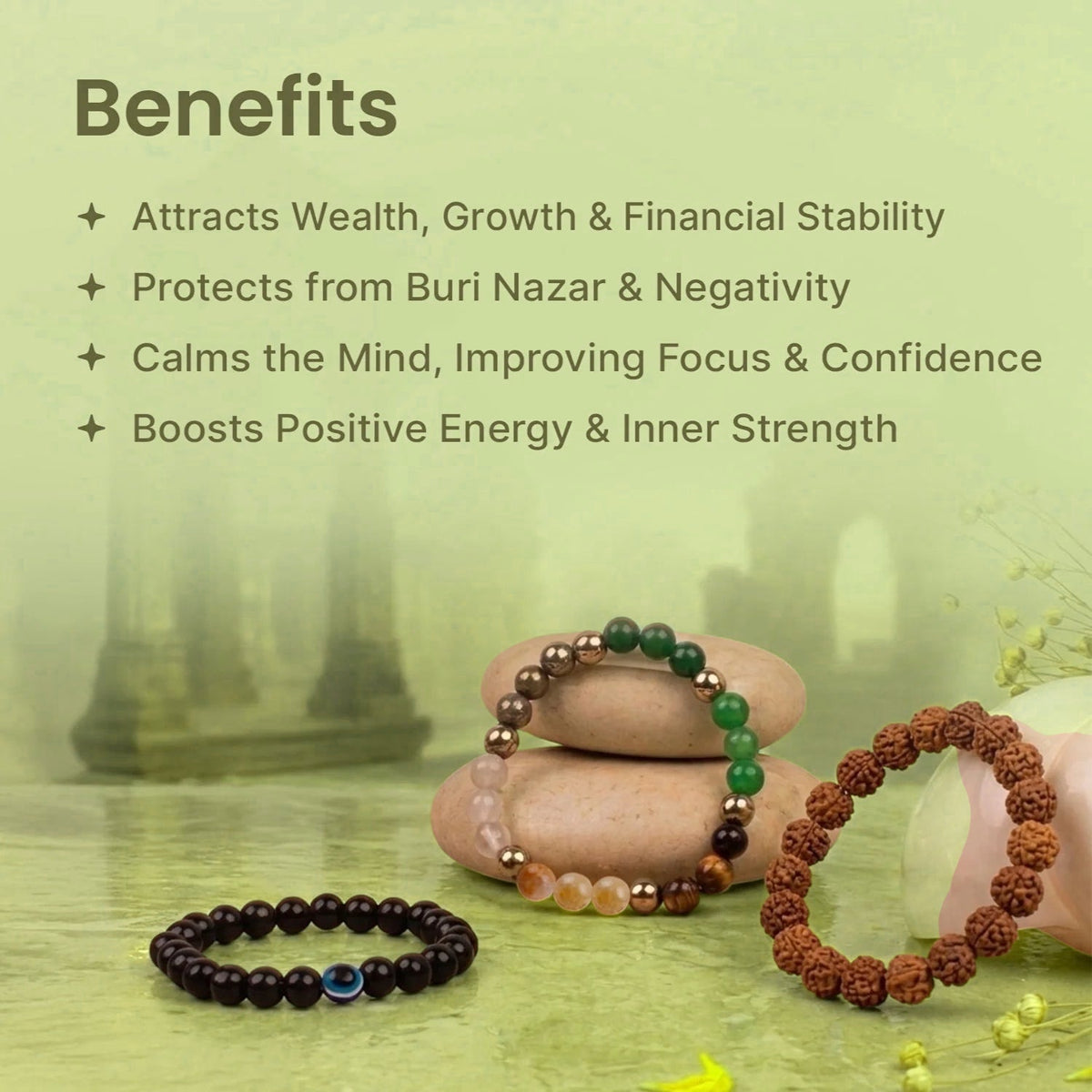 VASTUKOSHA Siddh Maha Dhan Yog combo featuring a black obsidian evil eye, multi-stone wealth, and Rudraksha bracelets.