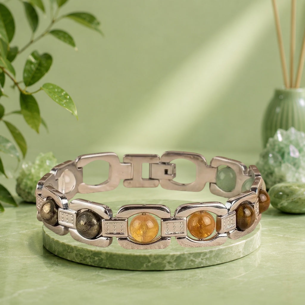 VASTUKOSHA Rishikesh Siddh Metal Dhan Yog silver bracelet featuring six natural crystals on a textured fabric surface.