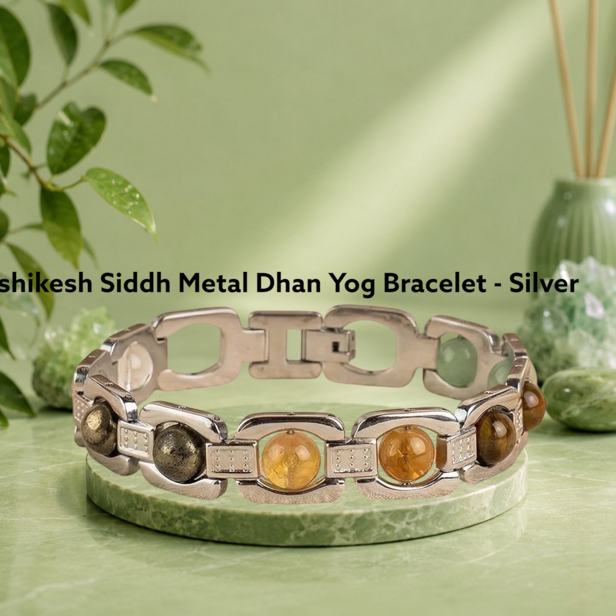 VASTUKOSHA Rishikesh Siddh Metal Dhan Yog silver bracelet featuring six natural crystals on a textured fabric surface.