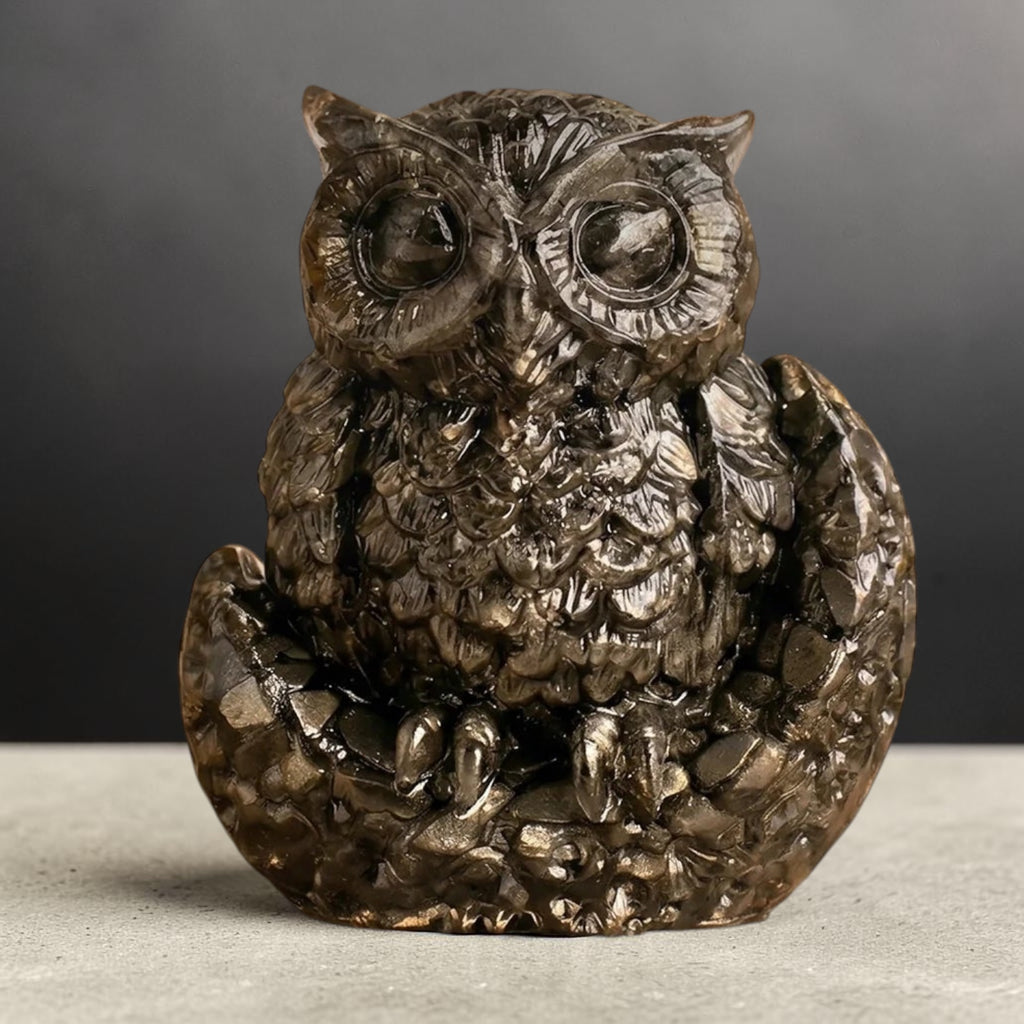 VASTUKOSHA Rinmukteshwar Siddh Pyrite owl statue for wealth and wisdom, featuring metallic luster and detailed carving.
