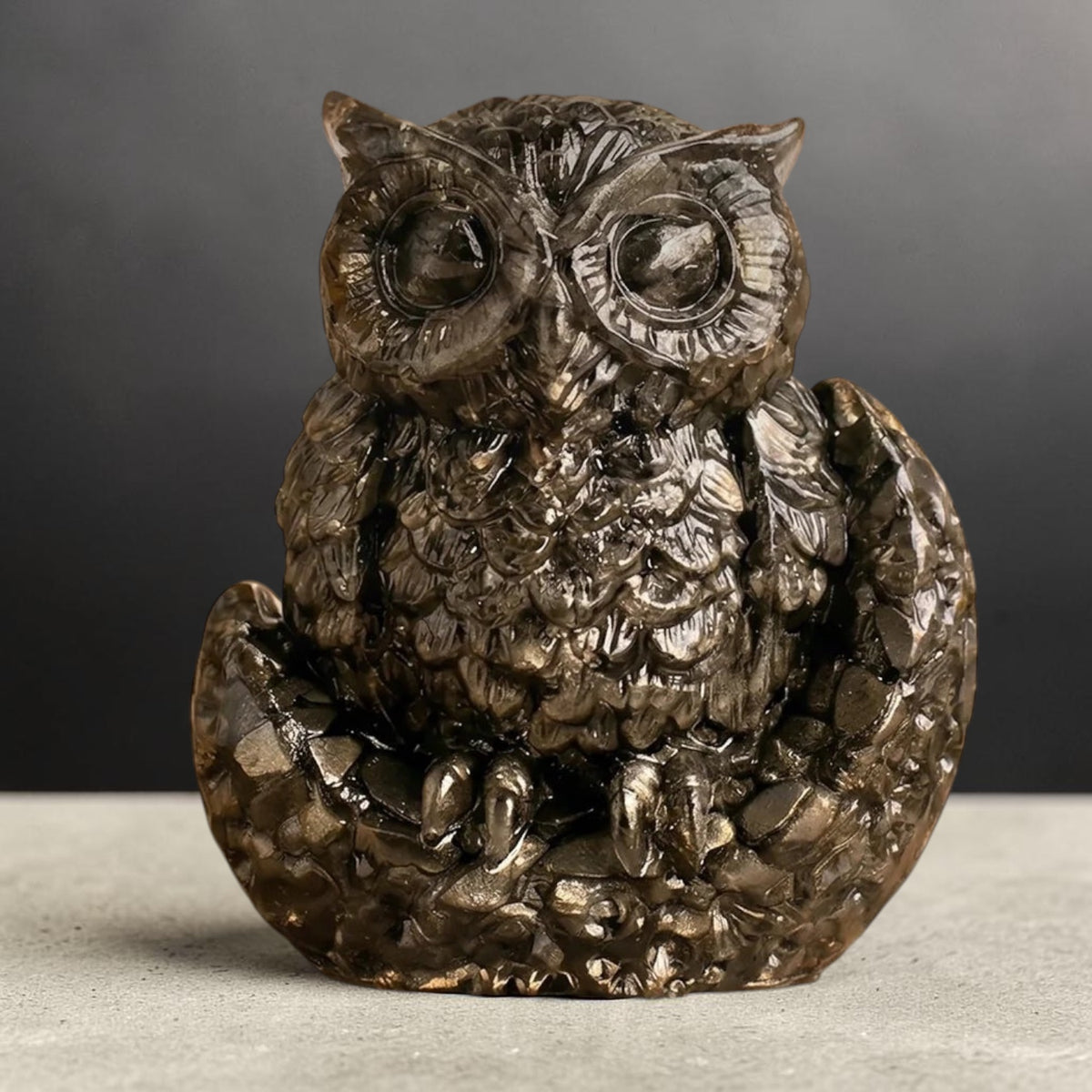 VASTUKOSHA Rinmukteshwar Siddh Pyrite owl statue for wealth and wisdom, featuring metallic luster and detailed carving.