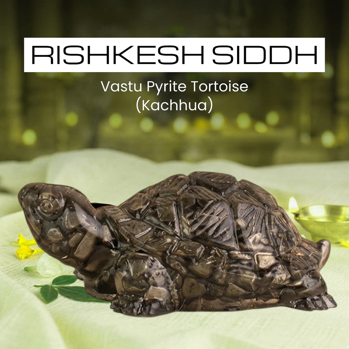 VASTUKOSHA Rishikesh Siddh Pyrite Tortoise figurine for Vastu, wealth, and protection on a white cloth background.