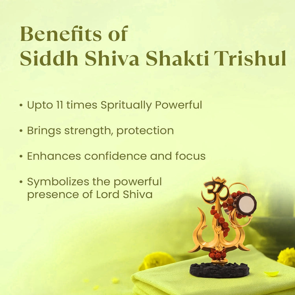 VASTUKOSHA Siddh Shiva Shakti Trishul featuring an Om symbol and damru, designed for spiritual protection and focus.