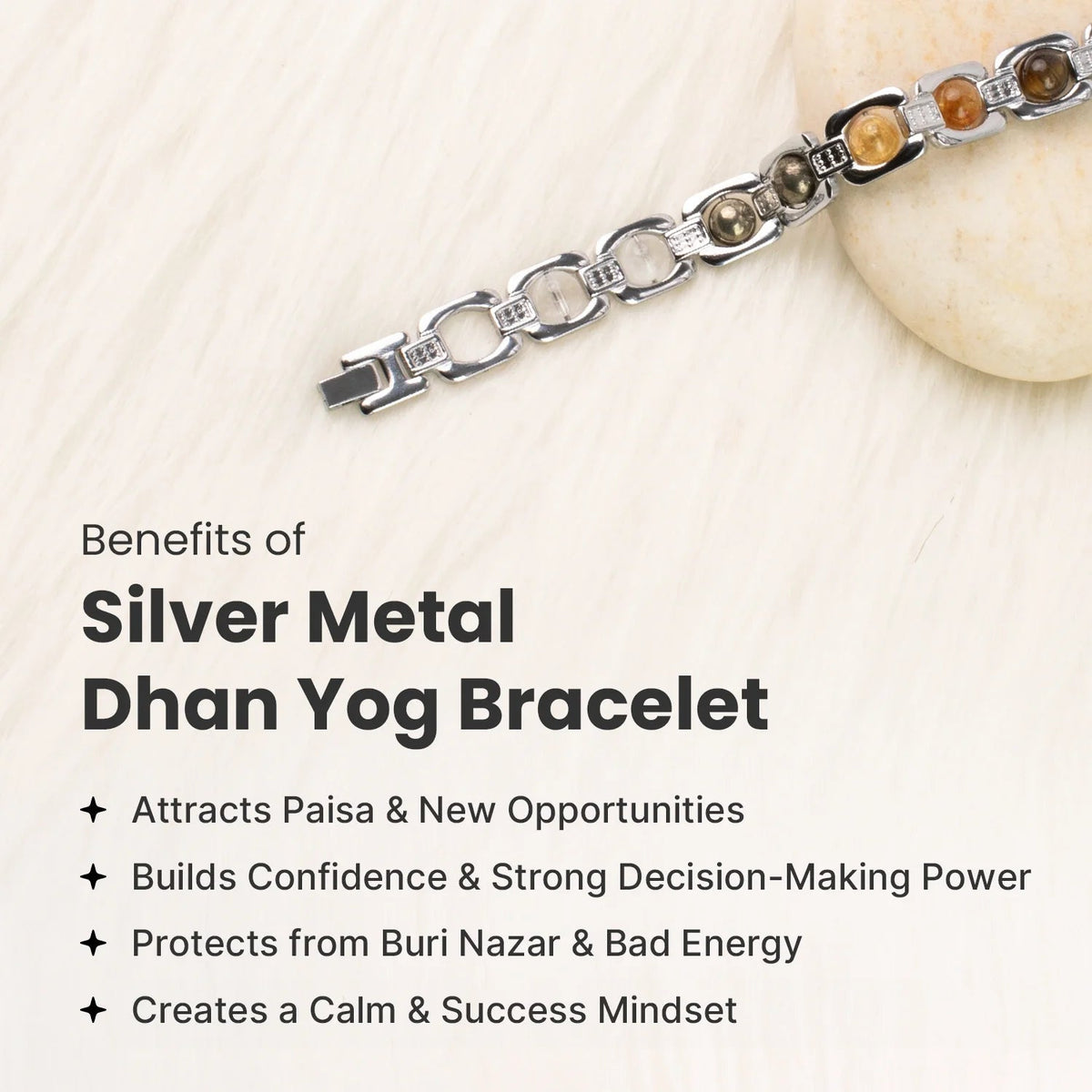 VASTUKOSHA silver-plated Dhan Yog bracelet featuring Tiger Eye, Pyrite, Citrine, Quartz, and Green Aventurine crystals.