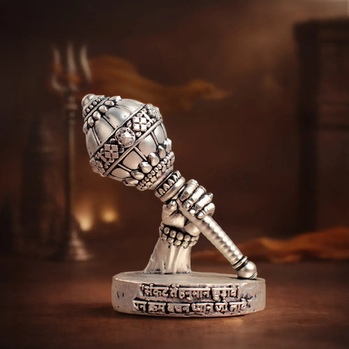 VASTUKOSHA 999 silver Hanuman Gada idol with Hanuman Chalisa engraving on a circular base for home temple decor.