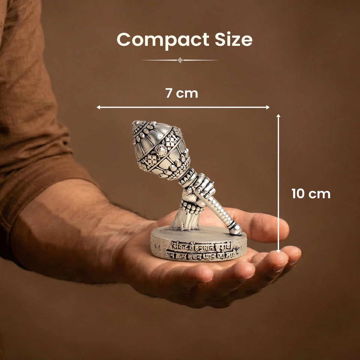 VASTUKOSHA 999 silver plated Shri Hanuman Gada idol with Hanuman Chalisa engraving held in a palm for scale