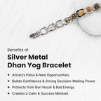 VASTUKOSHA silver metal Dhan Yog bracelet featuring six natural crystals for wealth and protection on a white surface