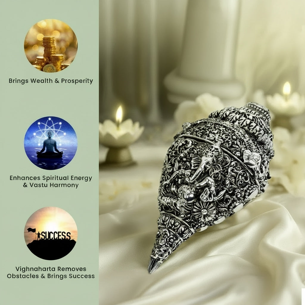 VASTUKOSHA silver-plated Ganesh Shankh conch shell with intricate carvings for puja, meditation, and spiritual decor.