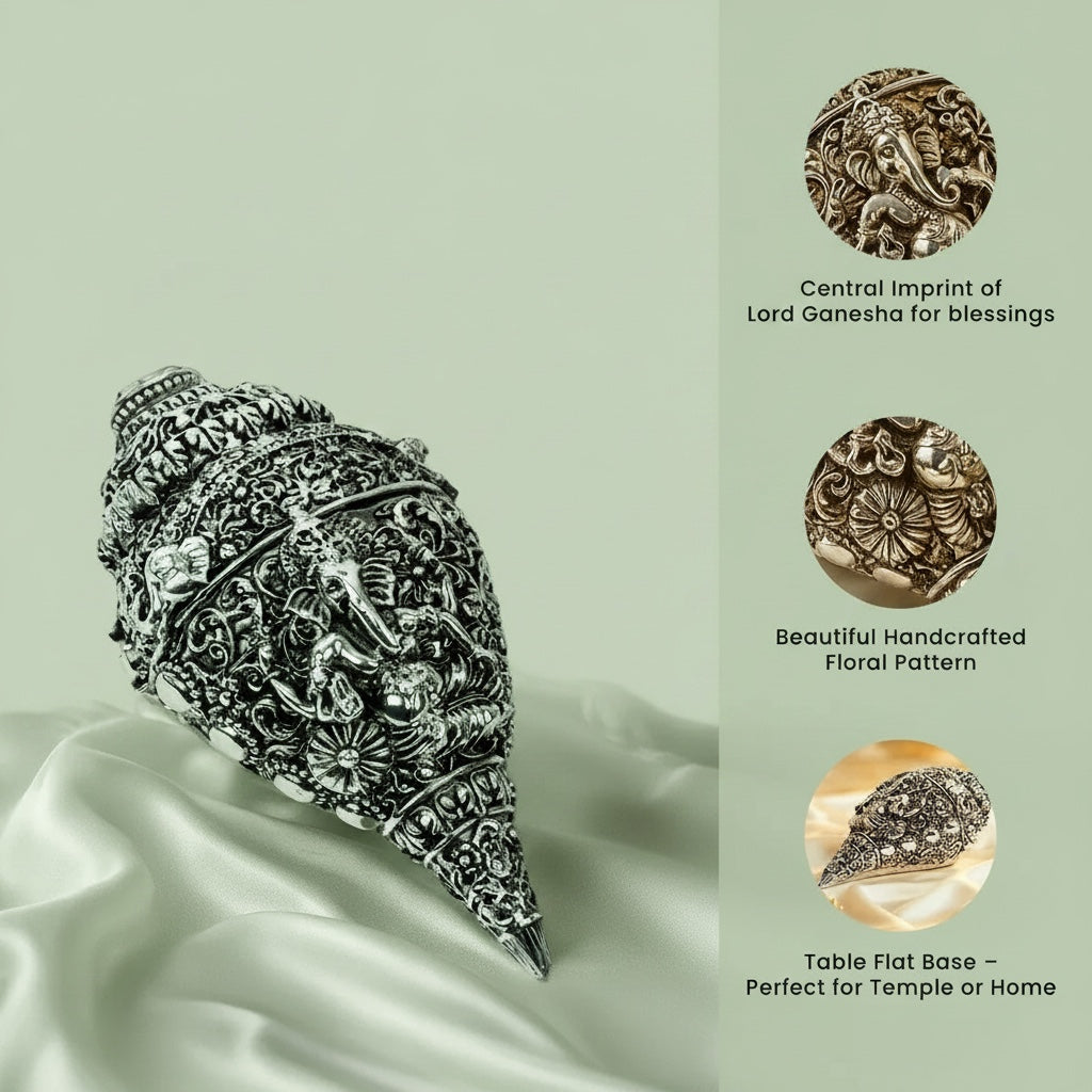 VASTUKOSHA silver-plated Ganesh Shankh with intricate floral carvings and Lord Ganesha motif for puja and home decor.