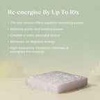 VASTUKOSHA square raw selenite plate for crystal cleansing and meditation on a soft, neutral background.