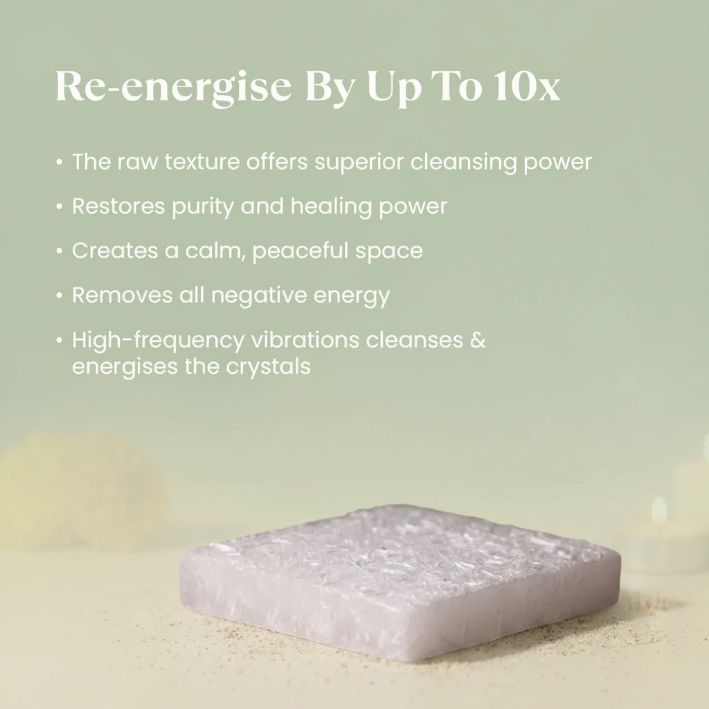 VASTUKOSHA square raw selenite plate for crystal cleansing and meditation on a soft, neutral background.