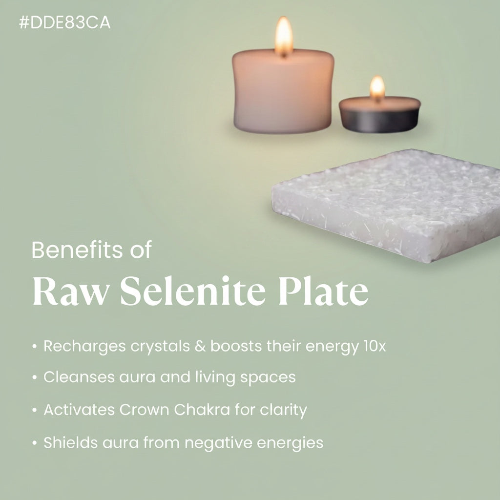 VASTUKOSHA square raw selenite plate for crystal cleansing and meditation, displayed with two lit candles.